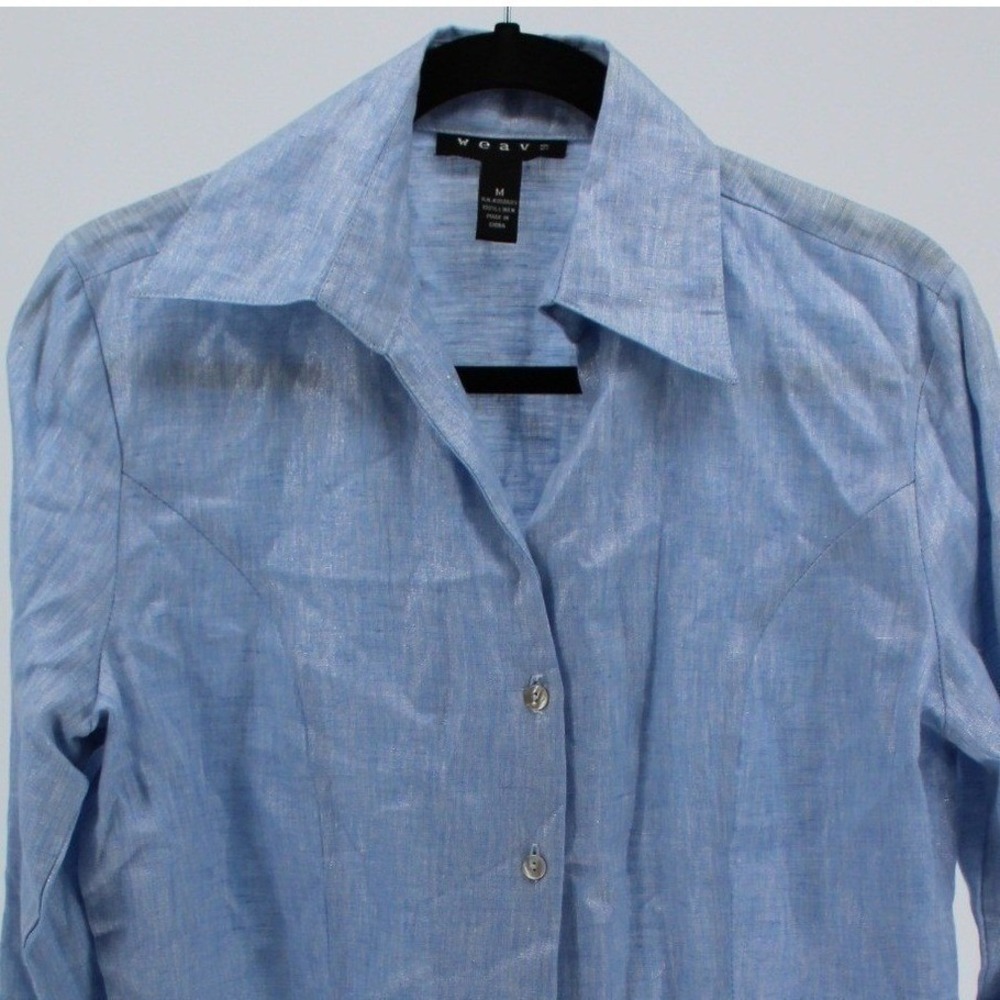 Weavz $125 Medium Gold Dusted Blue 100% Linen Button Up Collared Oxford Tunic